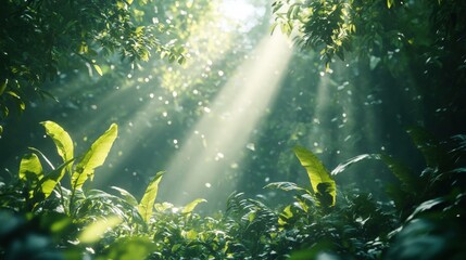 Lush forest with sunlight streaming through the trees, soft focus, professional and calming atmosphere
