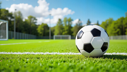 Soccer ball on green field under blue sky