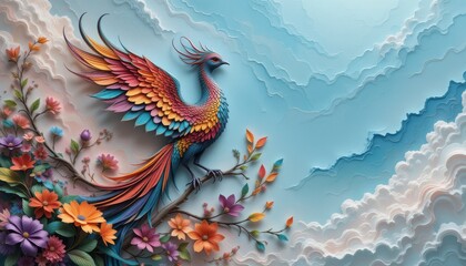 Obraz premium Colorful Phoenix Bird Amidst Floral Paper Art Cloudscape