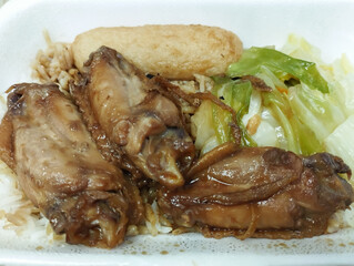 mixed vegetable and braised chicken rice meal