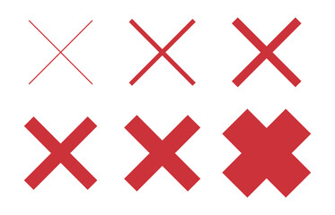 Red X marks. Red crosses icons set and line thickness variations. Vector illustration
