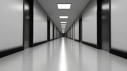 Fototapeta premium Modern Empty Corridor with Black Accents, A long, empty corridor with sleek, modern design.