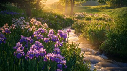 Fototapeta premium Serene Vibrant Landscape with Blooming Irises by Gentle Stream at Sunrise
