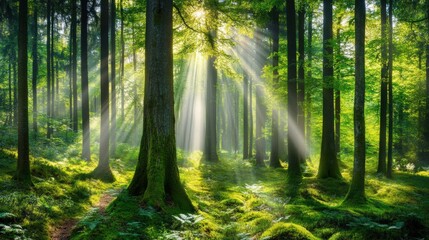 Fototapeta premium Lush forest with sunlight streaming through the trees, soft focus, professional and calming atmosphere
