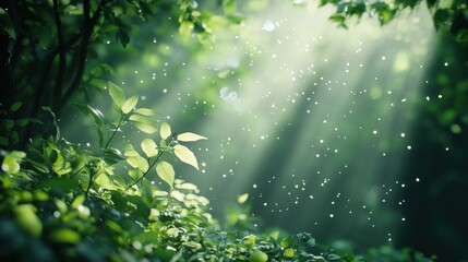 Lush forest with sunlight streaming through the trees, soft focus, professional and calming atmosphere