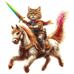 Adventurous Cat Knight Riding a Unicorn with Colorful Sword and Rainbow Cape in a Fantasy Landscape