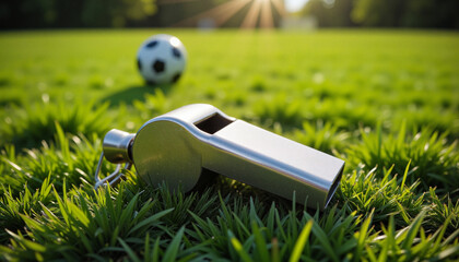 Soccer whistle on green grass field with soccer ball