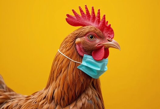 Chicken wearing a face mask against a vibrant yellow background, highlighting concerns of bird flu outbreaks.