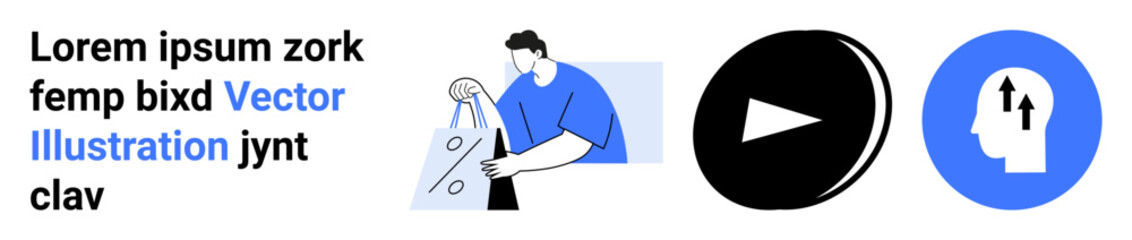 Man carrying a shopping bag, text sample, play button, and head with arrows icons. Ideal for e-commerce, video tutorials, learning, cognitive improvement UI design and digital content. Landing page