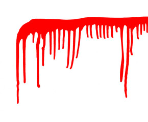 paint dripping liquid. Flow of drip, blood. Leaking paint, stains. Current falls, leak. Red liquid drops, flowing paint. Vector illustration on isolated white background.
