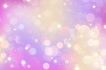 Fototapeta premium Pink unicorn background with stars and bokeh. Cute magic dreamy purple sky with sparkles. Lovely girly fairy watercolor gradient. Vector pastel valentine wallpaper with iridescent gradation.