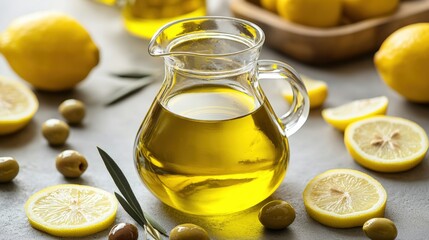 Olive oil and pure quality, A vibrant display of olive oil surrounded by fresh lemons, highlighting their natural colors and textures, perfect for culinary inspiration.