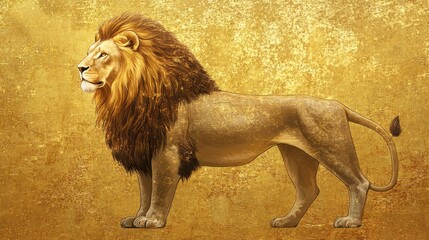 Obraz premium Majestic Male Lion Standing Against Gold Background
