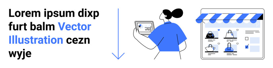 Text on left, central person viewing tablet, right-side online store interface. Ideal for e-commerce, shopping, digital marketing, user experience, product review, technology online transactions