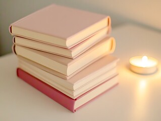 Fototapeta premium Peaceful Workspace: Turquoise and Teal Books Stacked on Light Wood Desk, Candlelight Casting Serenity and Calmness Across the Room