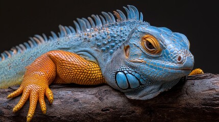 Obraz premium Close-up of a blue and orange iguana resting on a branch against a dark background.