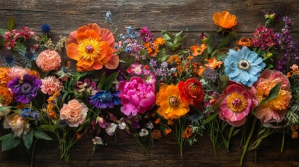 Fototapeta premium Colorful Artistic Flat Lay of Fresh Peonies and Various Vibrant Flowers on Wood Background