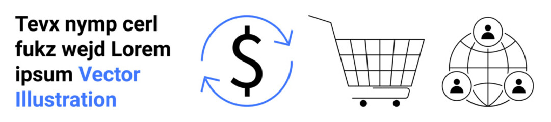 Black dollar sign with arrows, shopping cart, global network with user icons. Ideal for financial transactions, online shopping, global business, e-commerce, marketing, networking, technology