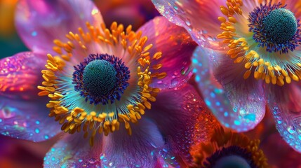 Intimate Close-Up of Vibrant Anemone Blossoms with Bright Colors and Details