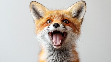 Happy red fox kit with open mouth, bright eyes, and fluffy fur against a light gray background.