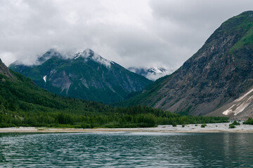 Shoreline and mountain views in Glacier Bay National Park in southeast Alaska