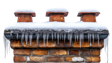 brick chimney with icicles isolated on white background