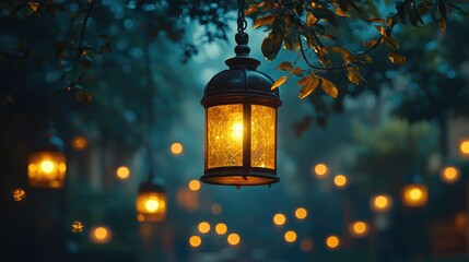 Enthralling Night Garden: A Glowing Lantern's Magical Glow Underneath the Starlit Sky