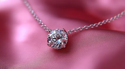 Elegant diamond solitaire pendant necklace on pink silk.