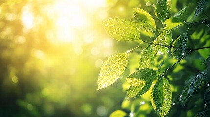 Sunlit green leaves with water droplets.