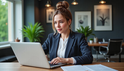 Fototapeta premium Businesswoman focused on laptop in modern office setting