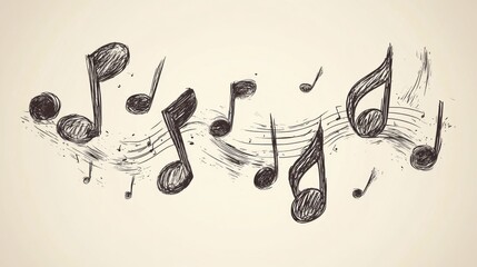 Hand-drawn musical notes flowing on a beige background.