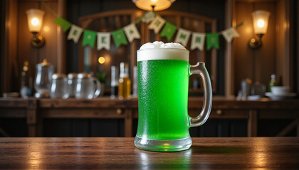 Green beer in a glass mug on a wooden table