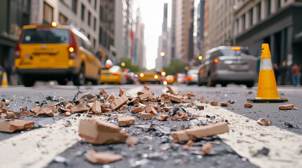 Rush hour accident concept. City street during rush hour with debris from accident scene