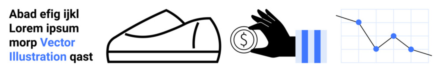 Shoe sketch outline, hand holding coin, bar graph with two blue bars, and line chart with multiple points. Ideal for business, finance, marketing, data analysis, design concepts, planning reports