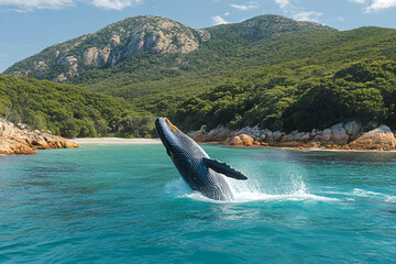 Fototapeta premium Humpback Whale Breaching in Turquoise Waters with Dramatic Mountain Coastline and Sunlit Seascape.