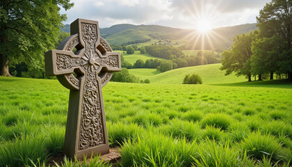 Celtic cross in green field during sunrise