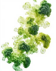 Vibrant Fresh Broccoli Sprouts Floating in Air with Bubbles and Light Reflections, Creating a Lively and Whimsical Visual Appeal for Healthy Eating Concepts