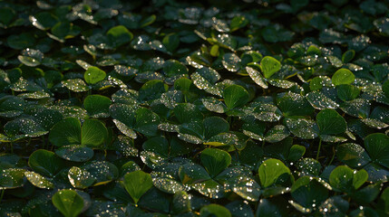 Lush green leaves glistening with morning dew droplets