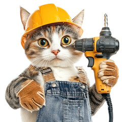 Adorable Cat in Construction Helmet and Overalls Holding Drill Ready for DIY Project, Represents Playful Spirit of Pets in Home Improvement Activities