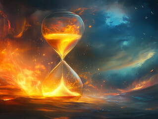 A mystical hourglass containing the four elements: fire, water, earth, air, with glowing sands, copy space