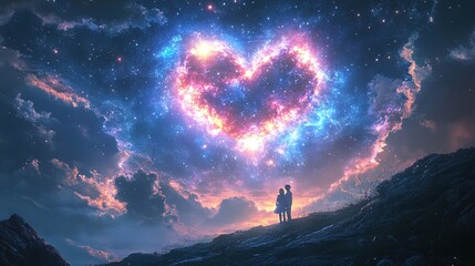 Fototapeta premium A radiant heart-shaped galaxy glowing brightly above a serene fantasy love scene