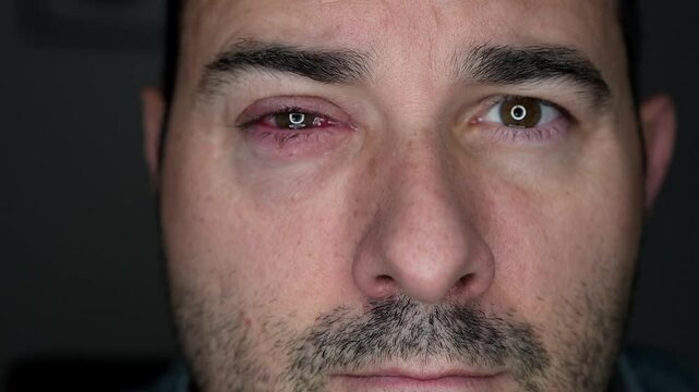 Handsome adult man with red inflamed irritated eye burst vessels. Bruise in the eye. Infection.