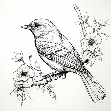A bird is sitting on a branch with flowers in the background.