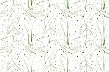 Sketch  microgreen  seeds vector illustration. Seamless pattern with young leaves seedlings. Onion raw microgreens sprouts, healthy eating concept.