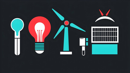 Fototapeta premium Sustainable energy icons; wind, solar, and lightbulb; dark background; infographic design.