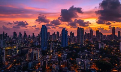 Fototapeta premium A vibrant city skyline at sunset, showcasing urban architecture and nature.