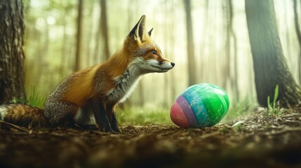 Obraz premium Curious fox exploring a colorful Easter egg in a serene forest clearing with soft natural lighting and rich textures