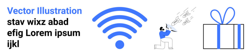 Man singing into a microphone, large blue wireless symbol, and a gift box with a bow. Ideal for communication, connectivity, singing, entertainment, gifts, celebrations and digital marketing