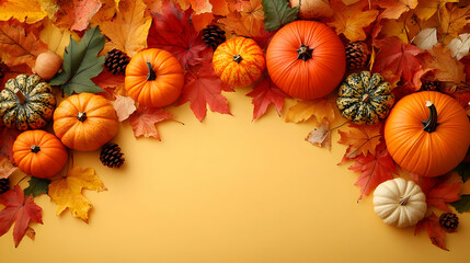 Autumn Background with Pumpkins, Colorful Leaves, and Pine Cones on Yellow Surface