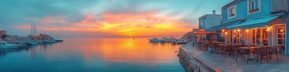 Obraz premium Sunset over the Aegean Sea, picturesque harbor town in Greece. Warm colors paint the sky, boats gently bob, and a charming seaside restaurant beckons.